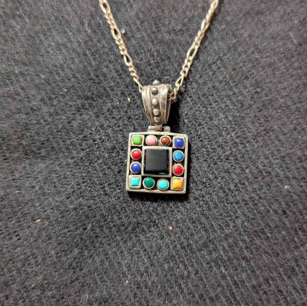 Sterling Silver Multicolor Gemstone Black Onyx Square Pendant Statement Necklace